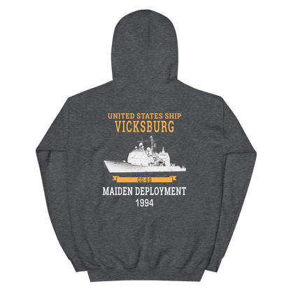 USS Vicksburg (CG-69) 1994 Maiden Deployment Unisex Hoodie – back view, heather