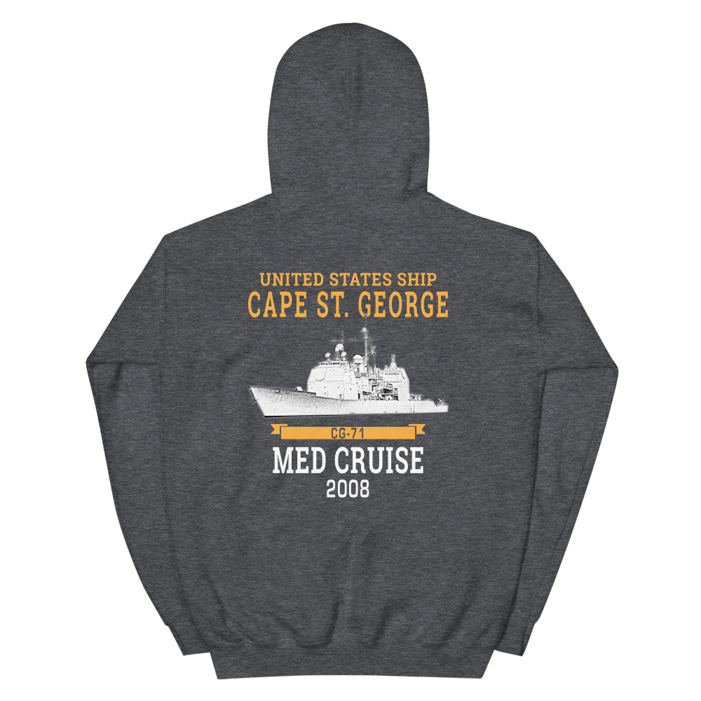 USS Cape St. George (CG-71) 2008 MED Unisex Hoodie – back view, heather