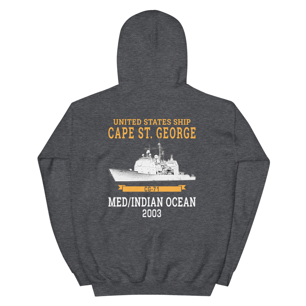 USS Cape St. George (CG-71) 2003 MED/IO Unisex Hoodie – back view, heather