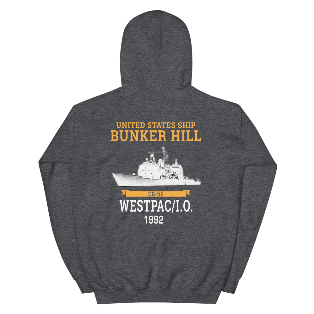 USS Bunker Hill (CG-52) 1992 WESTPAC/IO Unisex Hoodie – back view, heather
