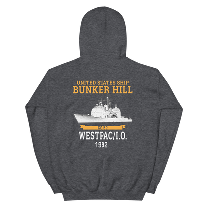 USS Bunker Hill (CG-52) 1992 WESTPAC/IO Unisex Hoodie – back view, heather