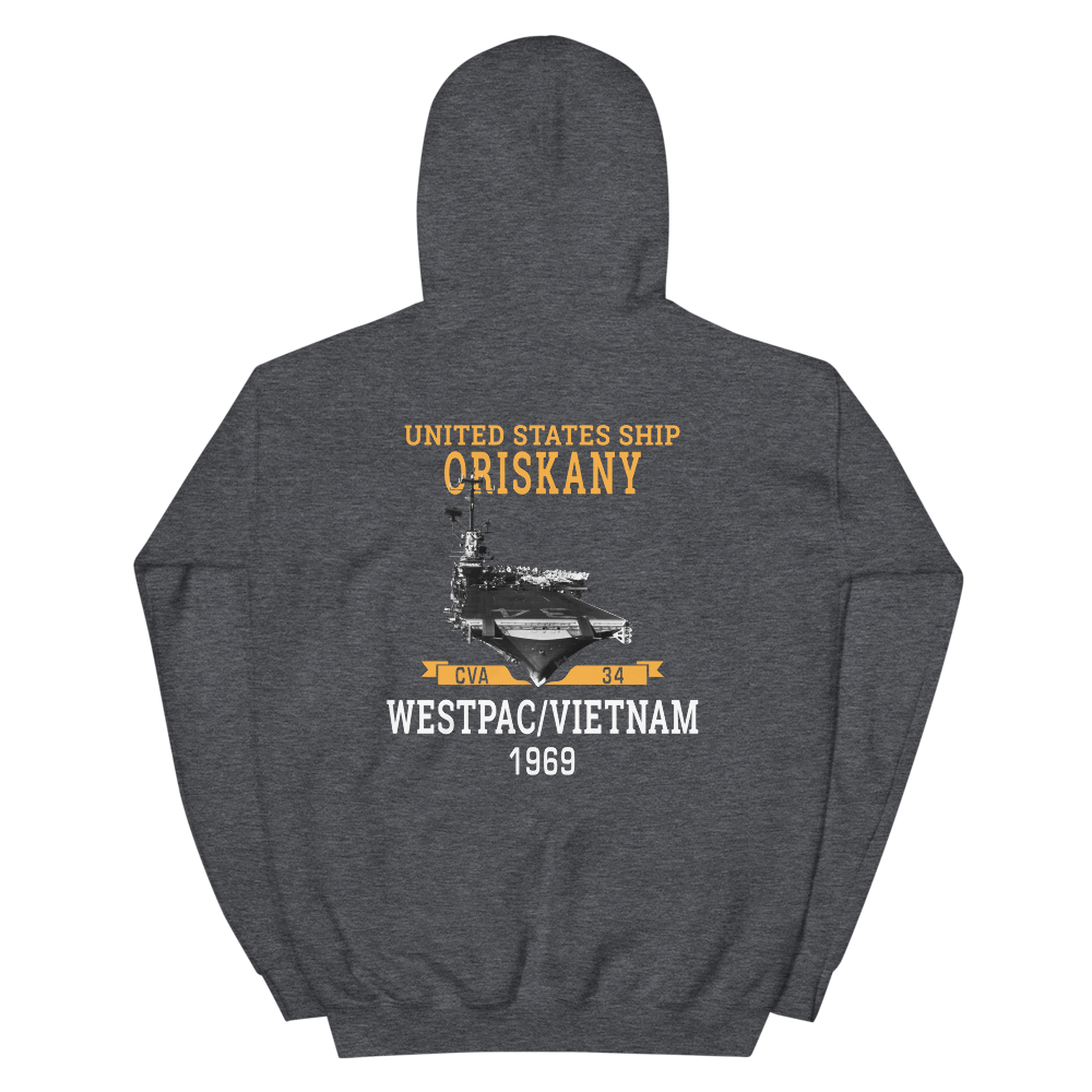 USS Oriskany (CVA-34) 1969 WESTPAC/VIETNAM Unisex Hoodie – back view, heather