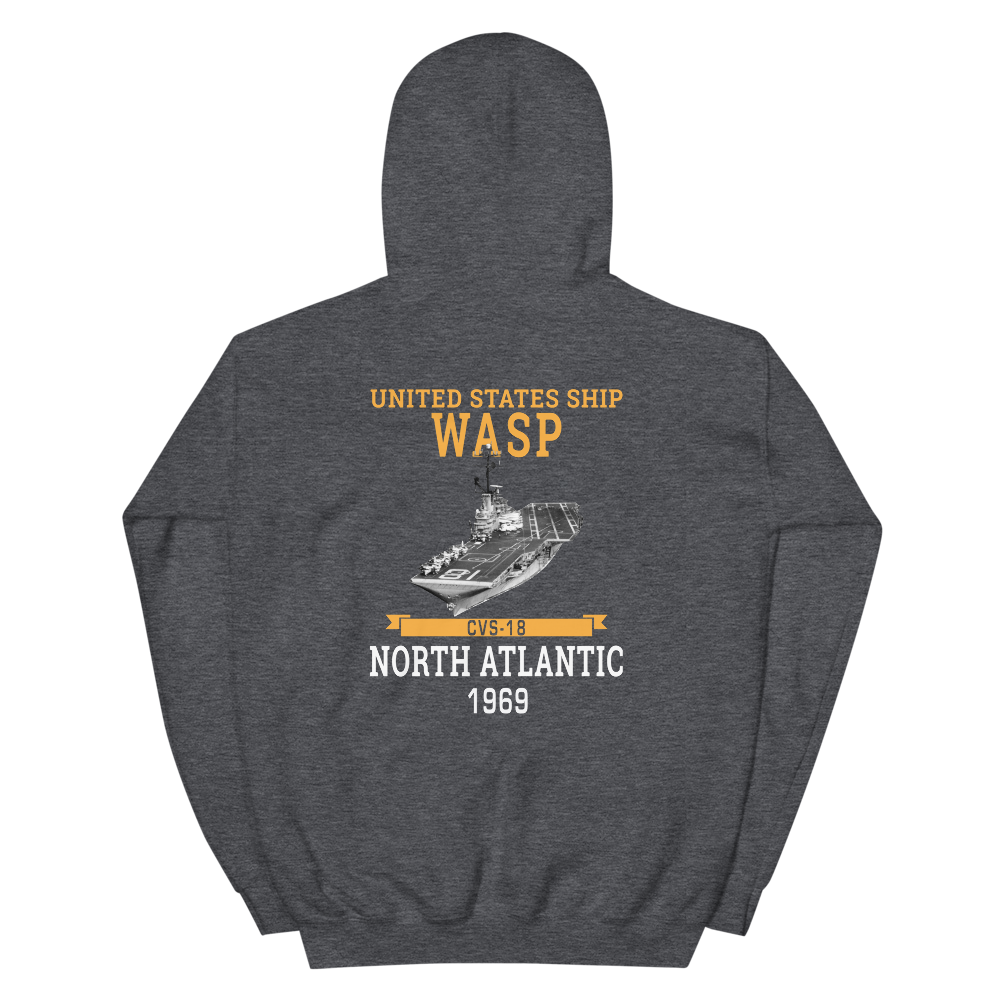 USS Wasp (CVS-18) 1969 N. ATLANTIC Unisex Hoodie – back view, heather