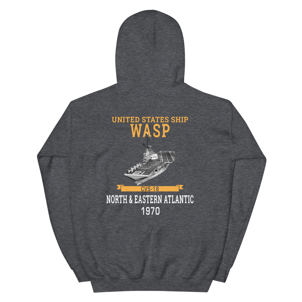 USS Wasp (CVS-18) 1970 N. & EASTERN ATLANTIC Unisex Hoodie – back view, heather