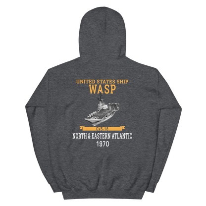 USS Wasp (CVS-18) 1970 N. & EASTERN ATLANTIC Unisex Hoodie – back view, heather