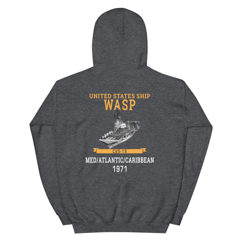 USS Wasp (CVS-18) 1971 MED/ATLANTIC/CARIBBEAN Unisex Hoodie – back view, heather
