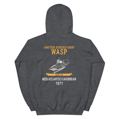 USS Wasp (CVS-18) 1971 MED/ATLANTIC/CARIBBEAN Unisex Hoodie – back view, heather