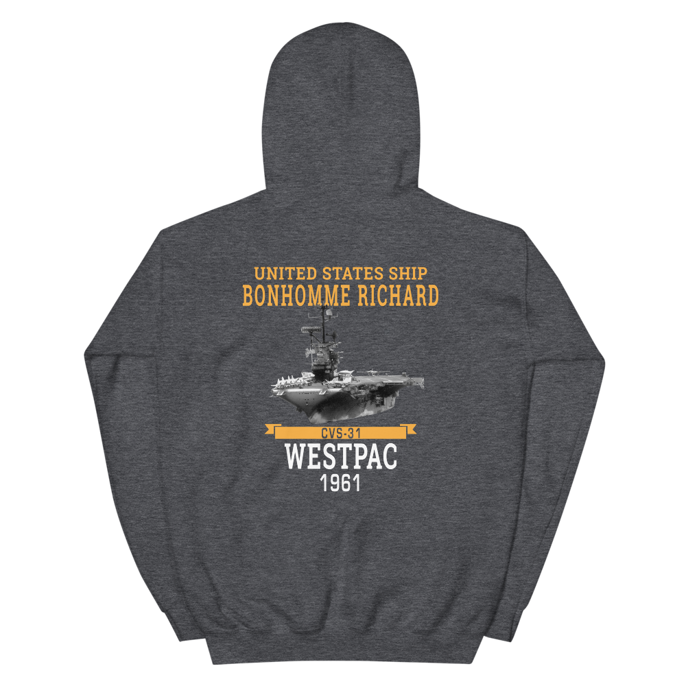 USS Bonhomme Richard (CVS-31) 1961 WESTPAC Unisex Hoodie – back view, heather