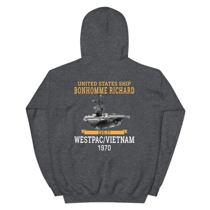 USS Bonhomme Richard (CVS-31) 1970 WESTPAC/VIETNAM Unisex Hoodie – back view, heather