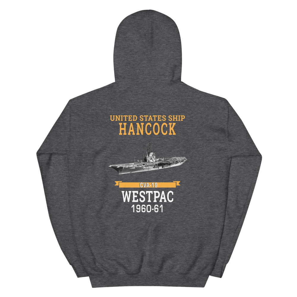USS Hancock (CVA-19) 1960-61 WESTPAC Unisex Hoodie – back view, heather