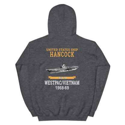 USS Hancock (CVA-19) 1968-69 WESTPAC/VIETNAM Unisex Hoodie – back view, heather