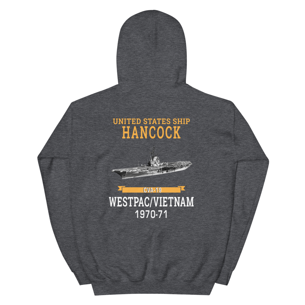 USS Hancock (CVA-19) 1970-71 WESTPAC/VIETNAM Unisex Hoodie – back view, heather