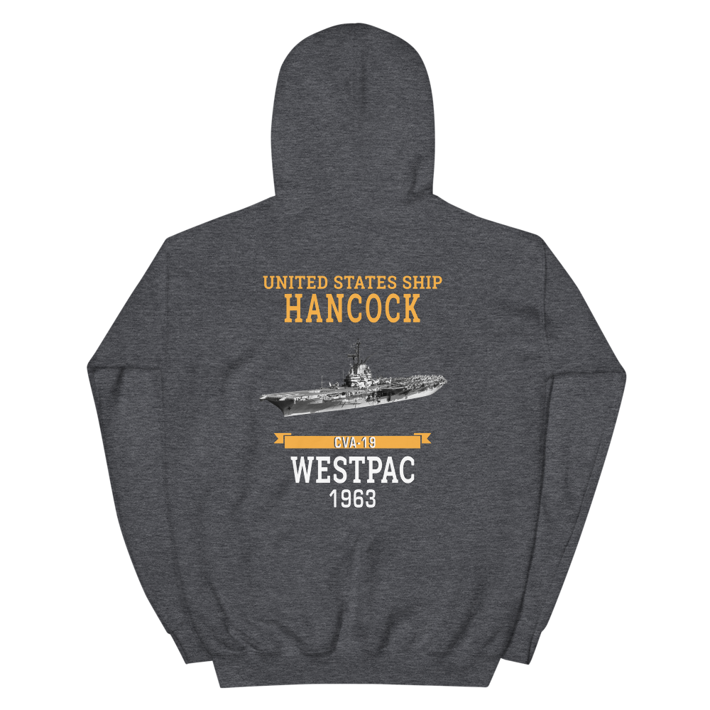 USS Hancock (CVA-19) 1963 WESTPAC Unisex Hoodie – back view, heather