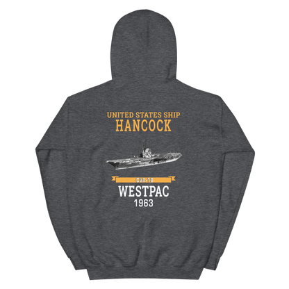 USS Hancock (CVA-19) 1963 WESTPAC Unisex Hoodie – back view, heather
