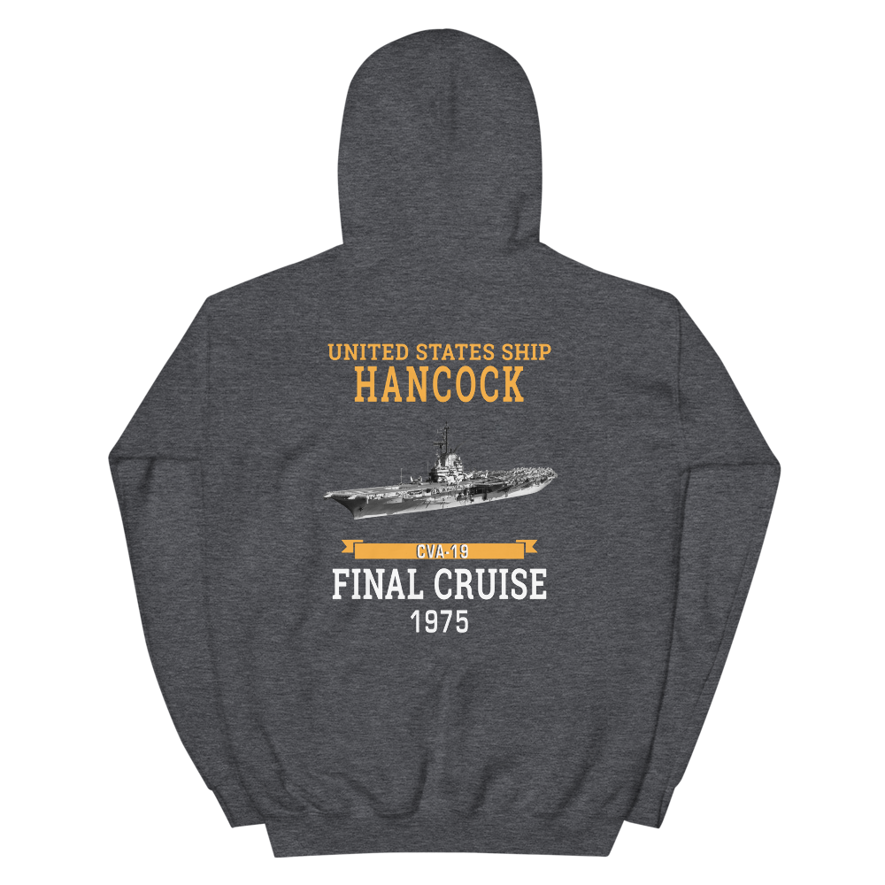 USS Hancock (CVA-19) 1975 FINAL CRUISE Unisex Hoodie – back view, heather