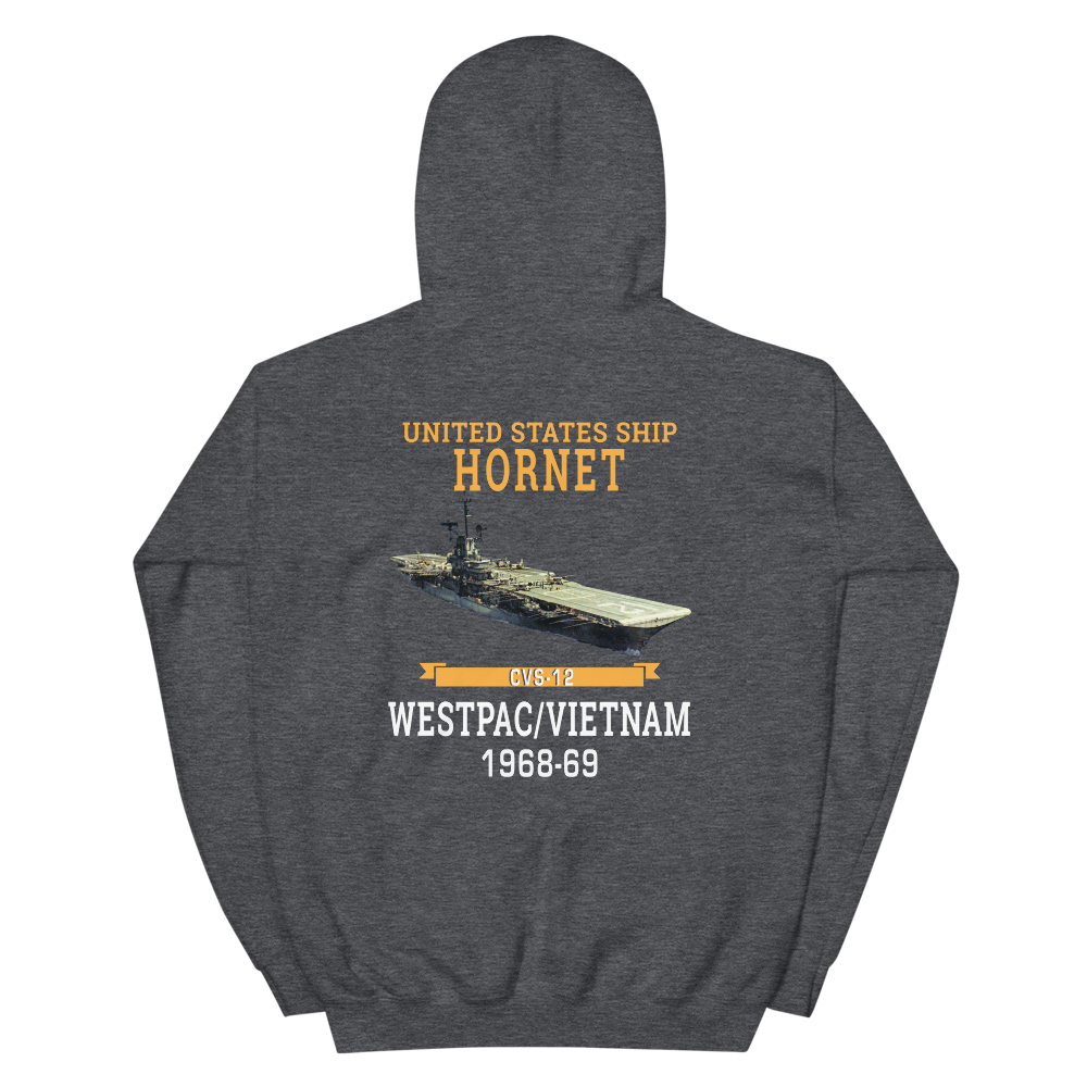 USS Hornet (CVS-12) 1968-69 WESTPAC/VIETNAM Hoodie – back view, heather
