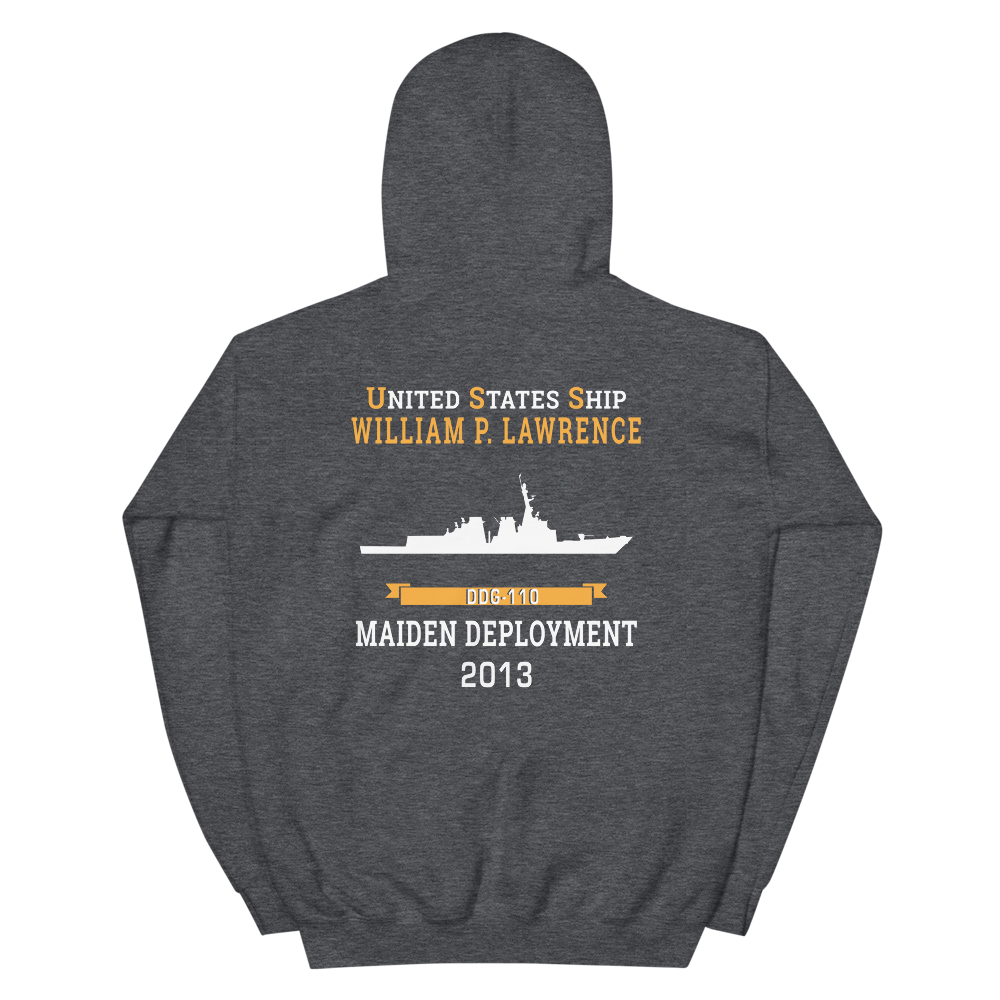 USS William P. Lawrence (DDG-110) 2013 MAIDEN DEPLOYMENT Unisex Hoodie – back view, heather