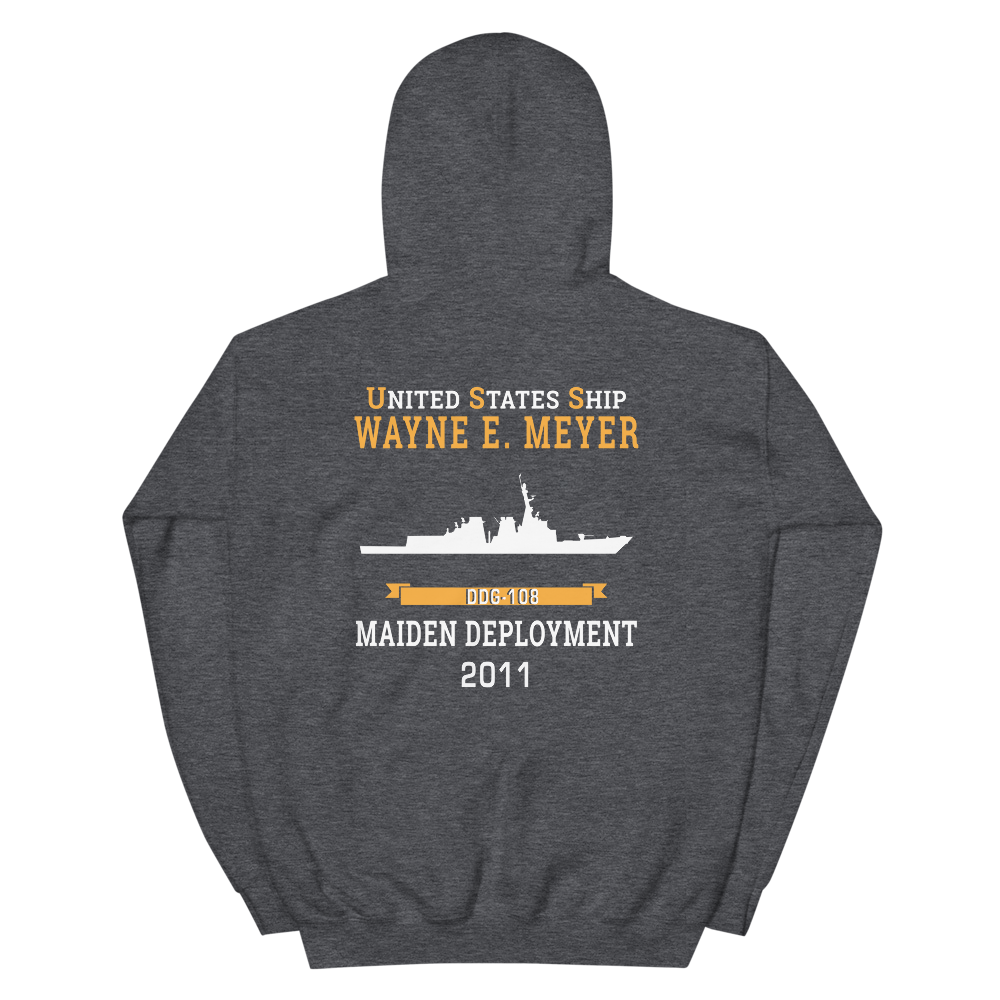 USS Wayne E. Meyer (DDG-108) 2011 MAIDEN DEPLOYMENT Unisex Hoodie – back view, heather