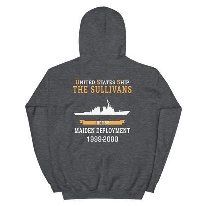 USS The Sullivans (DDG-68) 1999-2000 MAIDEN DEPLOYMENT Unisex Hoodie – back view, heather