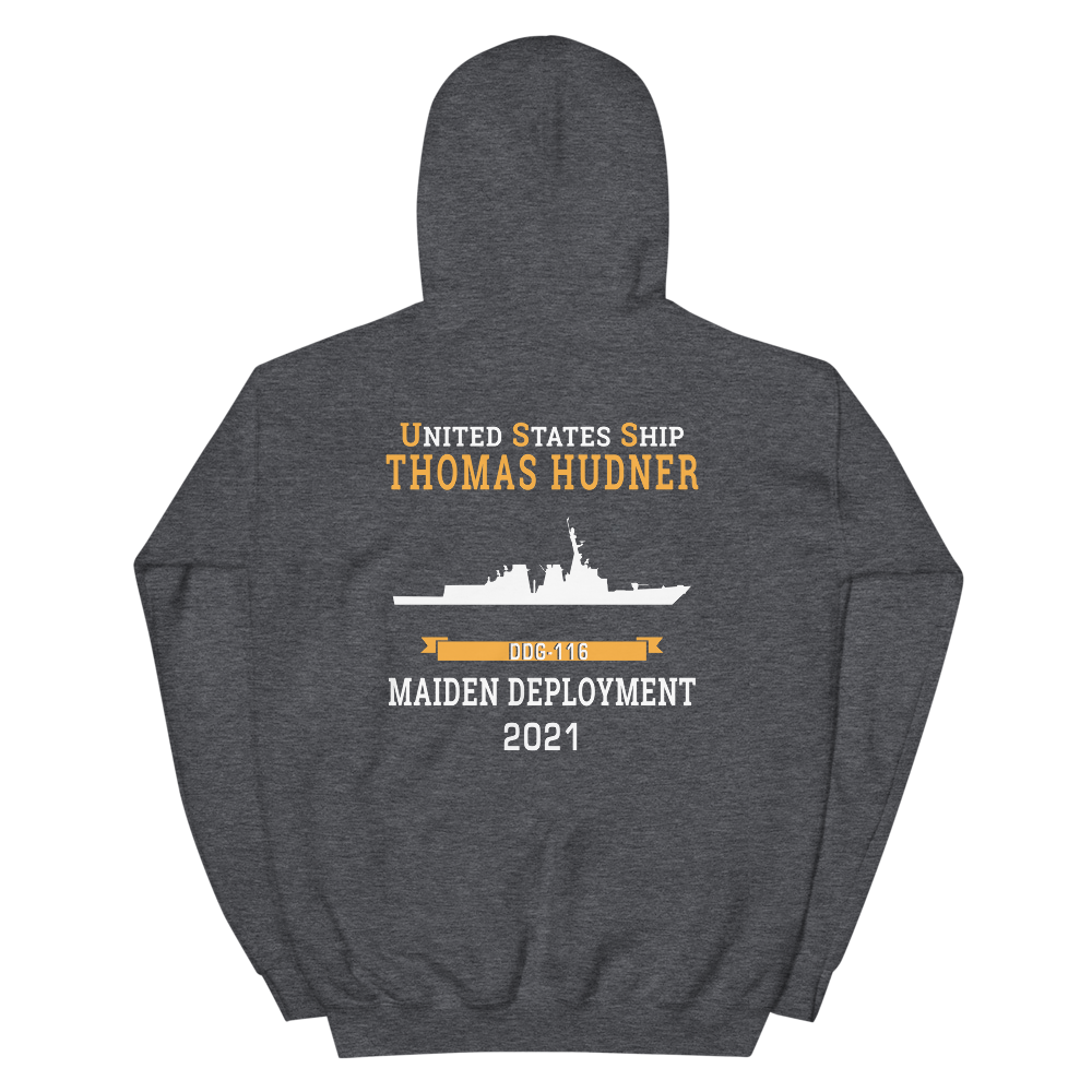 USS Thomas Hudner (DDG-116) 2021 MAIDEN DEPLOYMENT Unisex Hoodie – back view, heather