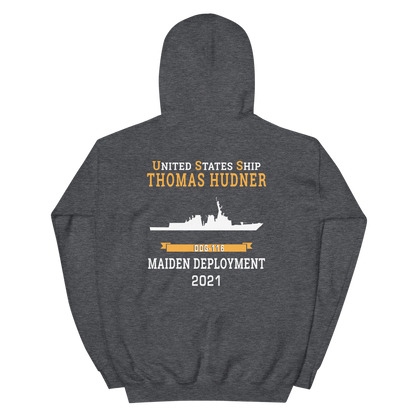 USS Thomas Hudner (DDG-116) 2021 MAIDEN DEPLOYMENT Unisex Hoodie – back view, heather