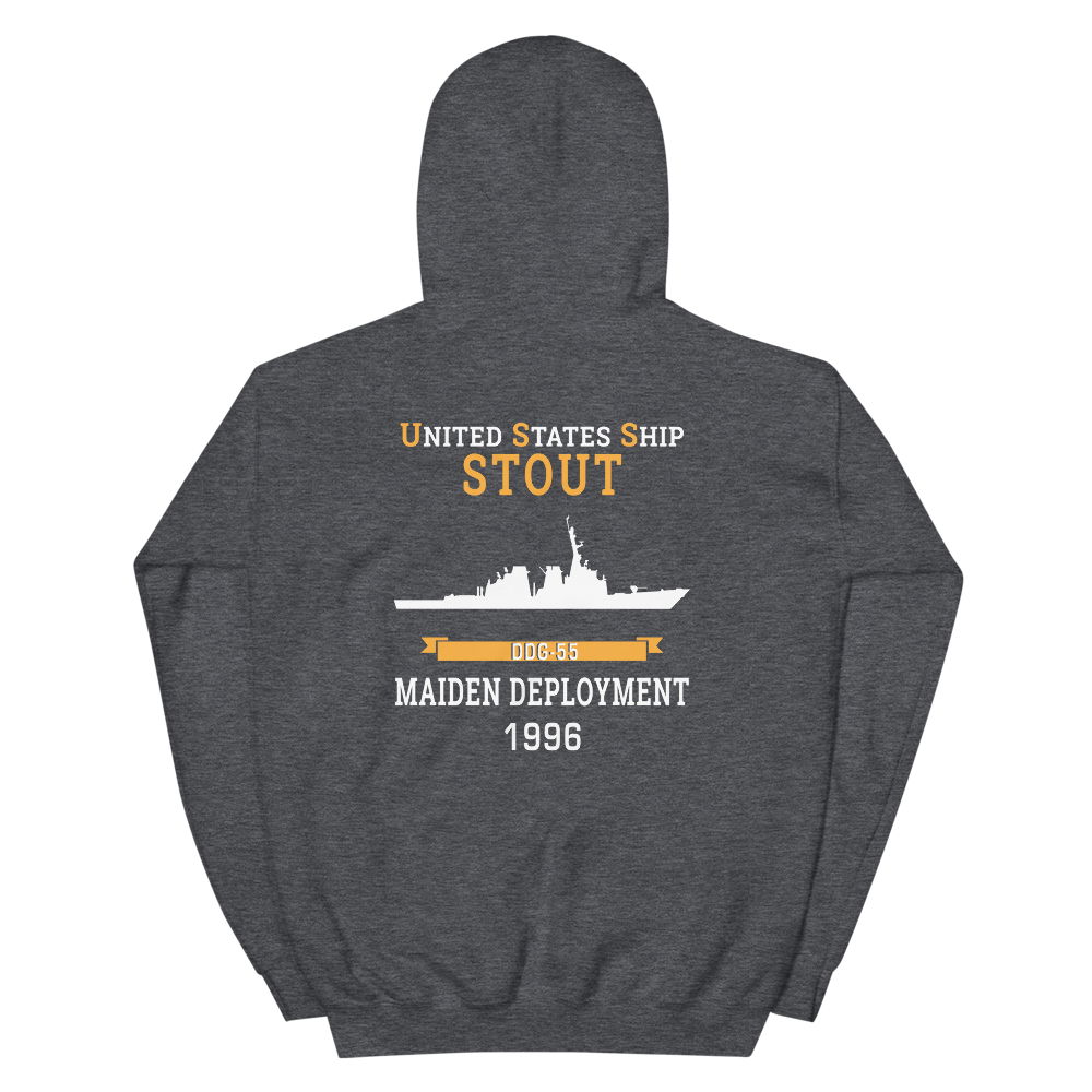 USS Stout (DDG-55) 1996 MAIDEN DEPLOYMENT Unisex Hoodie – back view, heather
