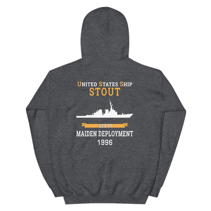 USS Stout (DDG-55) 1996 MAIDEN DEPLOYMENT Unisex Hoodie – back view, heather