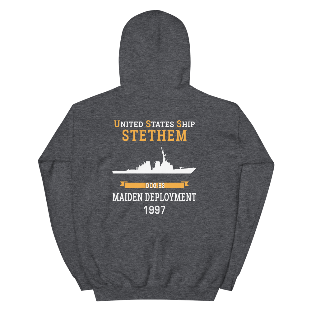 USS Stethem (DDG-63) 1997 MAIDEN DEPLOYMENT Unisex Hoodie – back view, heather