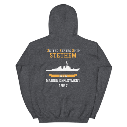 USS Stethem (DDG-63) 1997 MAIDEN DEPLOYMENT Unisex Hoodie – back view, heather