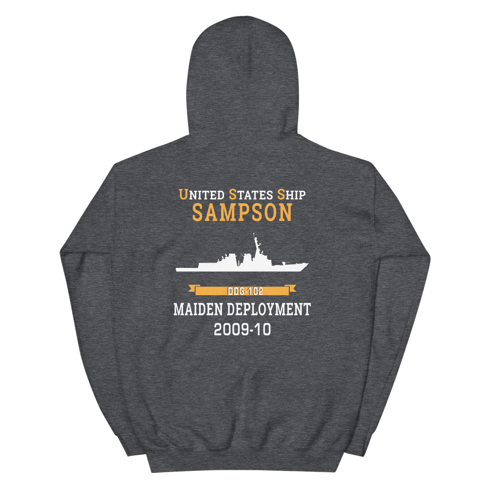 USS Sampson (DDG-102) 2009-10 MAIDEN DEPLOYMENT Unisex Hoodie – back view, heather