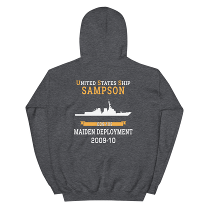 USS Sampson (DDG-102) 2009-10 MAIDEN DEPLOYMENT Unisex Hoodie – back view, heather