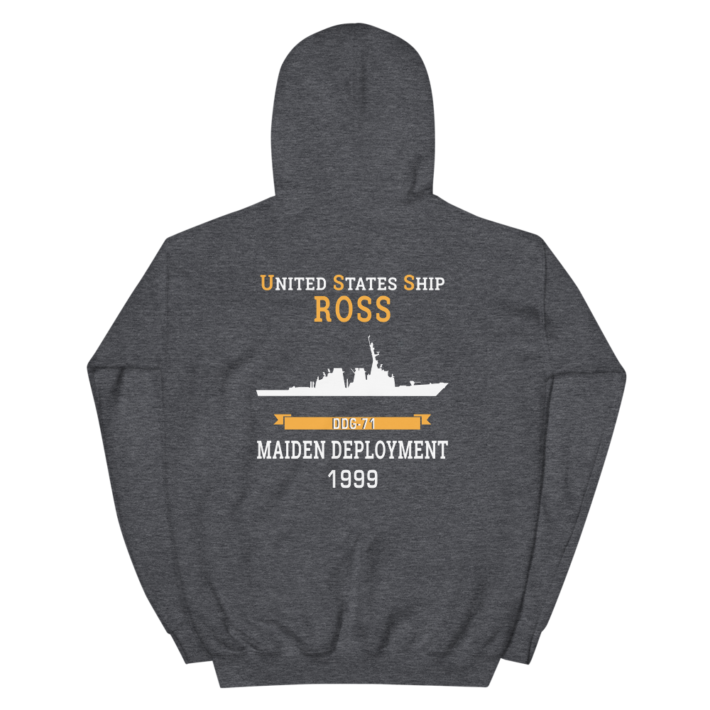 USS Ross (DDG-71) 1999 MAIDEN DEPLOYMENT Unisex Hoodie – back view, heather