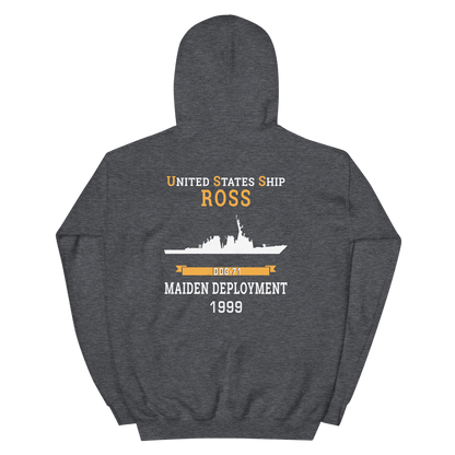 USS Ross (DDG-71) 1999 MAIDEN DEPLOYMENT Unisex Hoodie – back view, heather