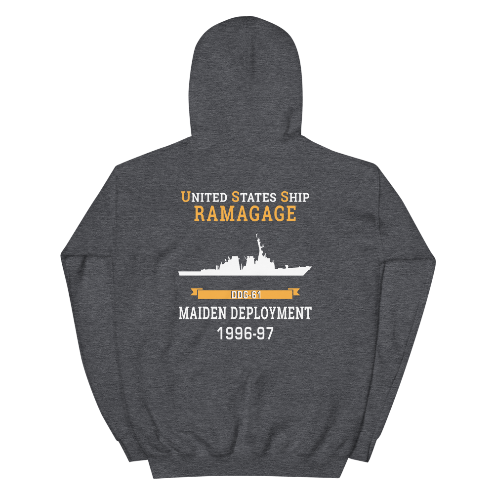 USS Ramage (DDG-61) 1996-97 MAIDEN DEPLOYMENT Unisex Hoodie – back view, heather