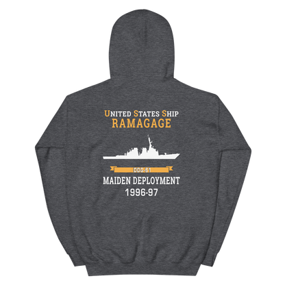 USS Ramage (DDG-61) 1996-97 MAIDEN DEPLOYMENT Unisex Hoodie – back view, heather