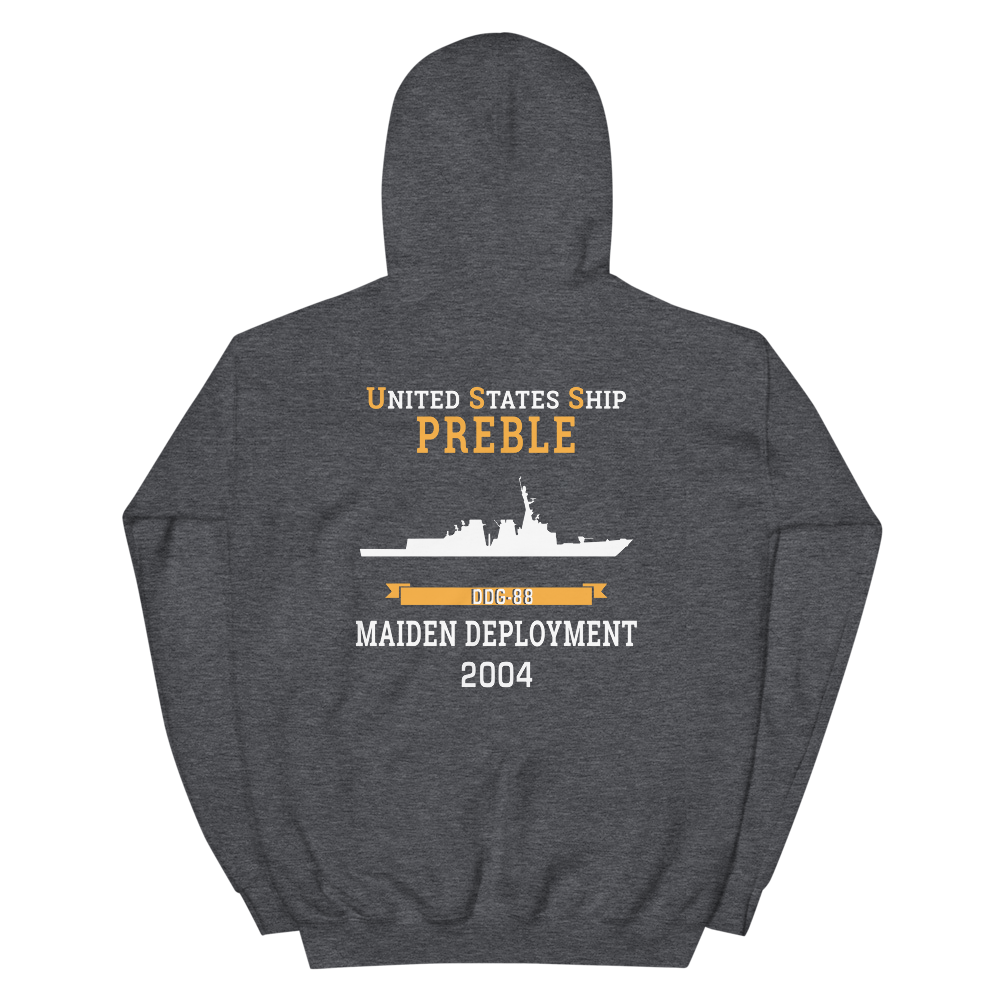 USS Preble (DDG-88) 2004 MAIDEN DEPLOYMENT Unisex Hoodie – back view, heather