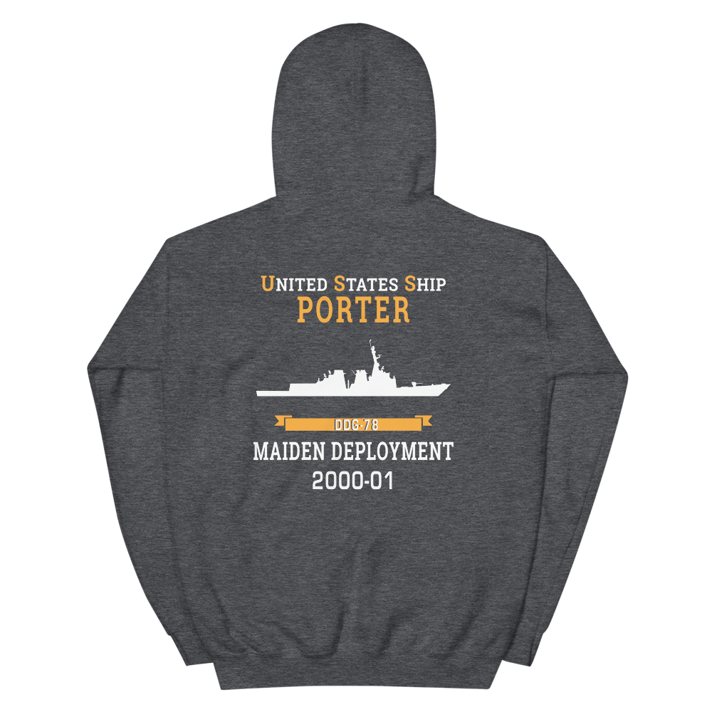 USS Porter (DDG-78) 2000-01 MAIDEN DEPLOYMENT Unisex Hoodie – back view, heather