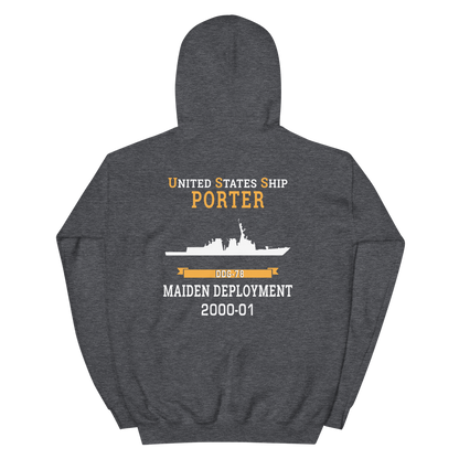 USS Porter (DDG-78) 2000-01 MAIDEN DEPLOYMENT Unisex Hoodie – back view, heather