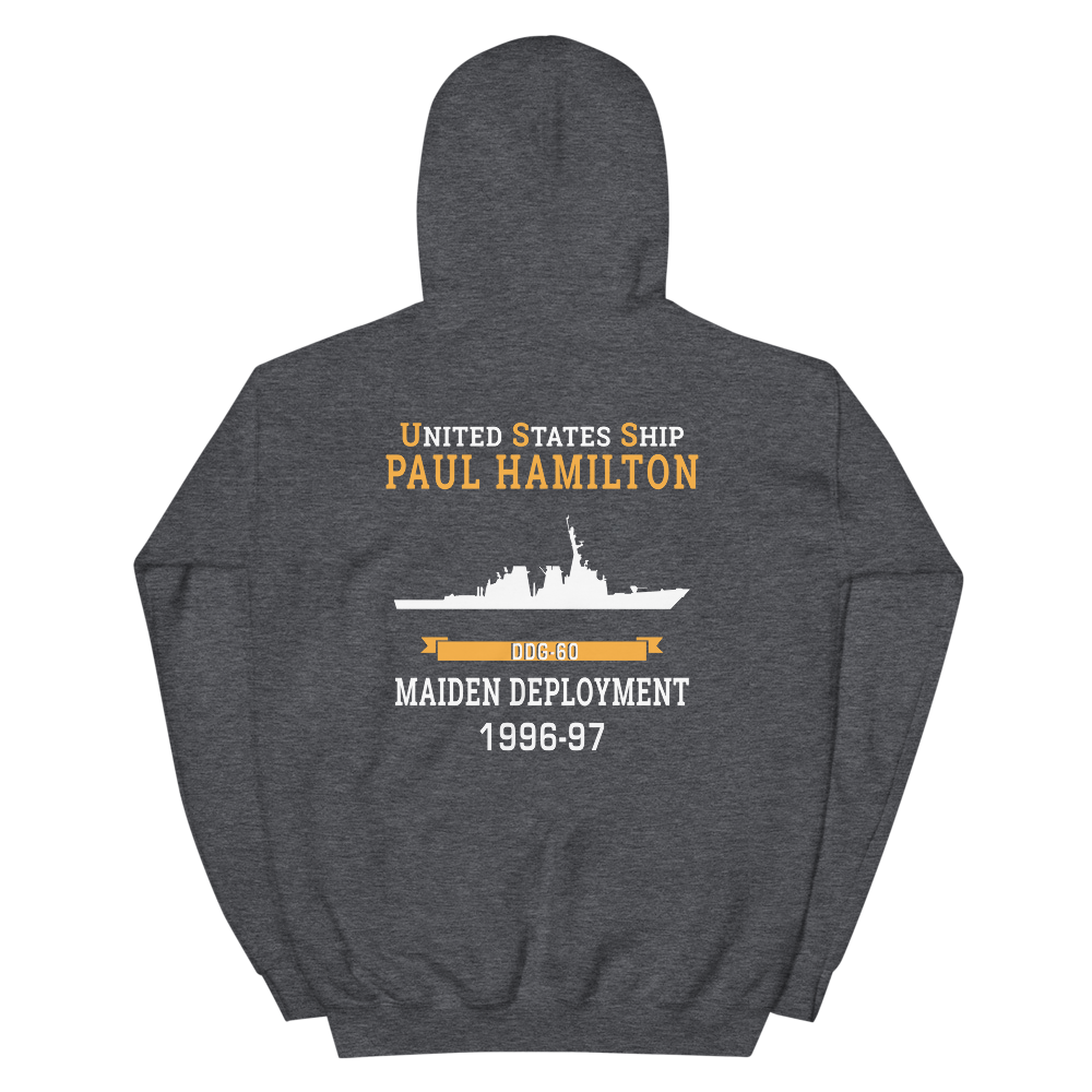 USS Paul Hamilton (DDG-60) 1996-97 MAIDEN DEPLOYMENT Unisex Hoodie – back view, heather