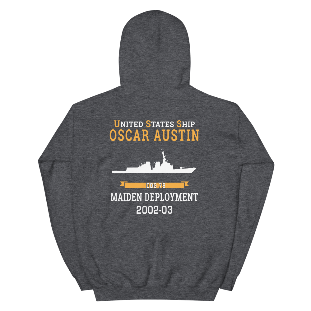 USS Oscar Austin (DDG-79) 2002-03 MAIDEN DEPLOYMENT Unisex Hoodie – back view, heather
