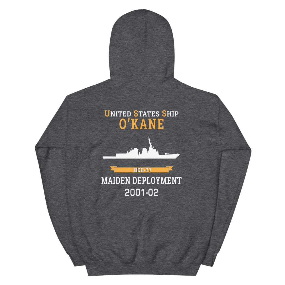 USS O'Kane (DDG-77) 2001-02 MAIDEN DEPLOYMENT Unisex Hoodie – back view, heather