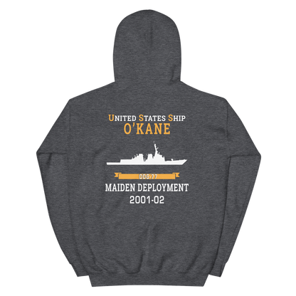 USS O'Kane (DDG-77) 2001-02 MAIDEN DEPLOYMENT Unisex Hoodie – back view, heather