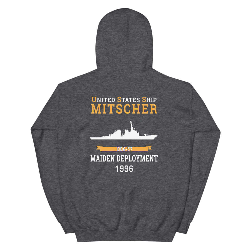 USS Mitscher (DDG-57) 1996 MAIDEN DEPLOYMENT Unisex Hoodie – back view, heather