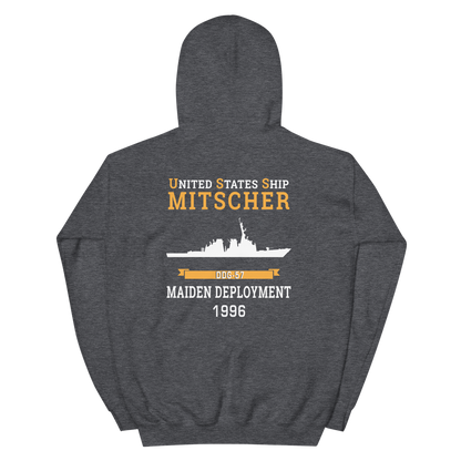 USS Mitscher (DDG-57) 1996 MAIDEN DEPLOYMENT Unisex Hoodie – back view, heather