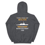 USS Milius (DDG-69) 1998 MAIDEN DEPLOYMENT Unisex Hoodie – back view, heather