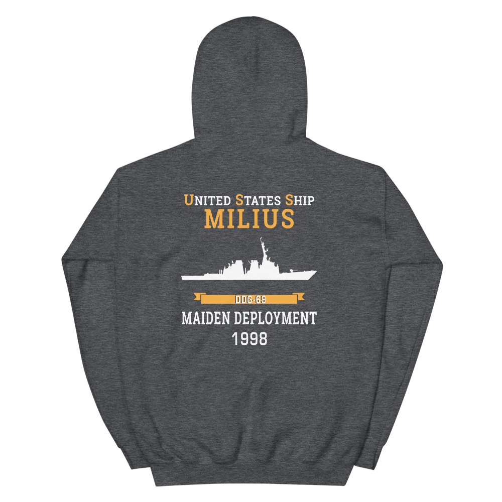 USS Milius (DDG-69) 1998 MAIDEN DEPLOYMENT Unisex Hoodie – back view, heather