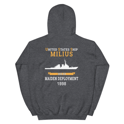 USS Milius (DDG-69) 1998 MAIDEN DEPLOYMENT Unisex Hoodie – back view, heather