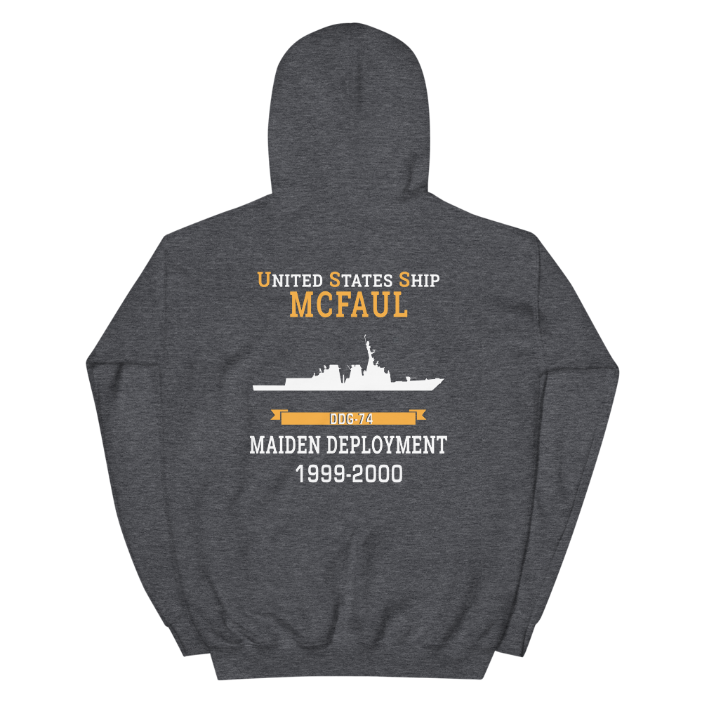 USS McFaul (DDG-74) 1999-2000 MAIDEN DEPLOYMENT Unisex Hoodie – back view, heather