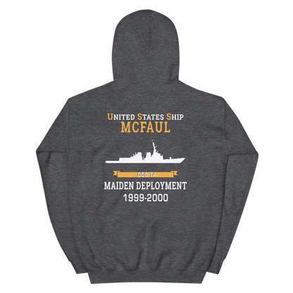 USS McFaul (DDG-74) 1999-2000 MAIDEN DEPLOYMENT Unisex Hoodie – back view, heather