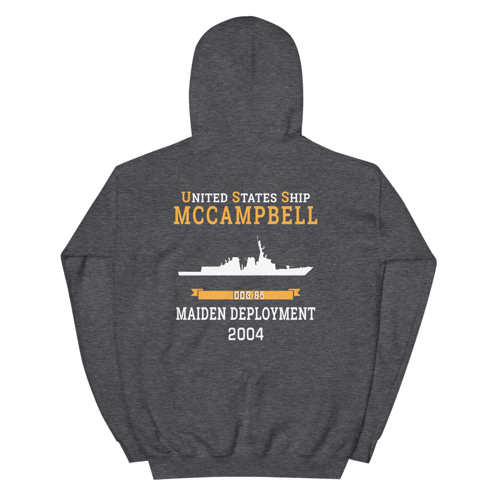 USS McCampbell (DDG-85) 2004 MAIDEN DEPLOYMENT Unisex Hoodie – back view, heather
